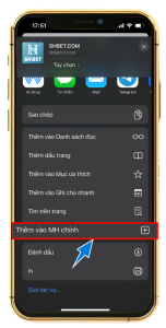 Bước 1 : Mở SHBETASIA1.COM trên safari , Chọn tiện ích iphone  , Chọn thêm MH chính